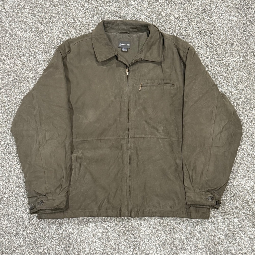 VTG St Johns Bay Faux Suede Bomber Jacket Olive Brown Mens XXL Full Zip Lined